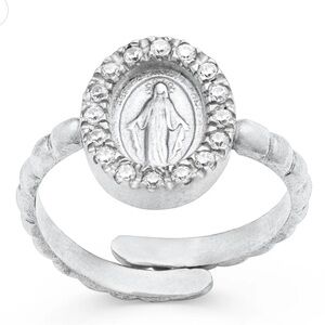 Sterling Silver Worked Adjustable Ring w Miraculous Medal New Made In Italy 925